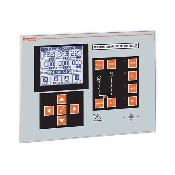 Control of mains, automatic transfer switching (ATS), and paralleling on multiple generators controlled by RGK900SA. 12/24VDC, graphic LCD, with RS485 port and USB/Optical and Wi-Fi point programming port. Expandable with EXP... modules image 1