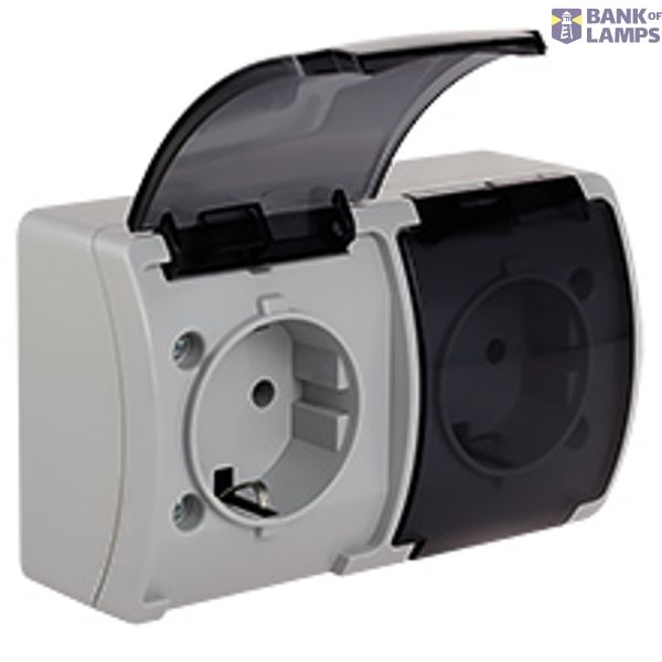 VG-2 Koala Double Socket 2x2P+Z SCHUKO surface mounted IP44 gray with smoky (transparent) flap VG 182-53 image 1