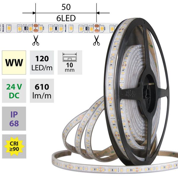 LED strip SMD2835 WW, 120LED/m, 9,6W/m, DC 24V, 610lm/m, CRI90, IP68, 10mm, 5m image 1