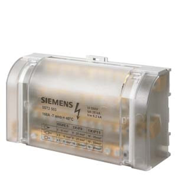 Distribution block 4-pole, 160 A, 500V Input: 1x 10-35 mm2 Output: 3x 6-25+8x 2.5-16 mm2 image 1