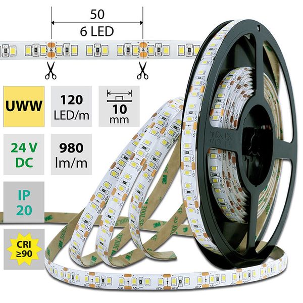 LED strip SMD2835 UWW, 120LED/m, 14W/m, 980lm/m, IP20, DC 24V, 10mm, 5m image 1