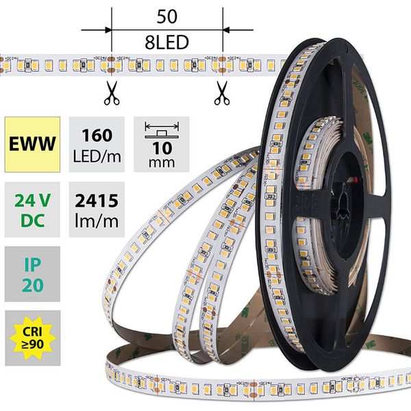LED strip SMD2835 EWW 160LED/m 19,2W/m DC 24V 2415lm/m CRI90 IP20 10mm 5m image 1