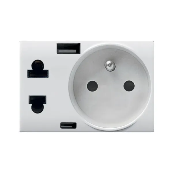 EURO-AMERICAN + FRENCH + USB A + C SOCKET, DOMUS S44, WHITE COLOR, 2P+T 16A 250V - GLOSSY FINISH - 3 MOD. image 1