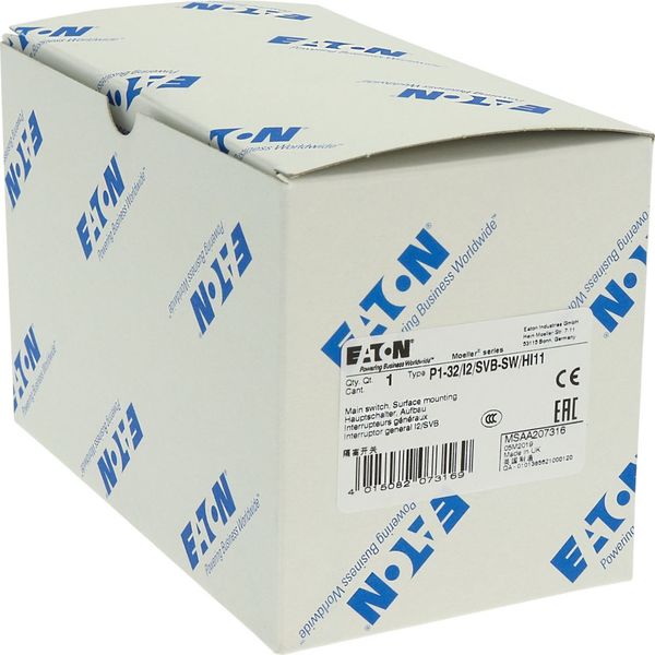 P1-32/I2/SVB-SW/HI11 Main switch, P1, 32 A, surface mounting, 3 pole, 1 N/O, 1 N/C, STOP function, With black rotary handle and locking ring, Lockable in the 0 (Off) posit image 36