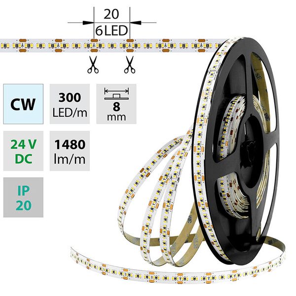 LED strip SMD2216 CW, 300LED/m, 18W/m, DC 24V, 1480lm/m, CRI90, IP20, 8mm, 5m image 1