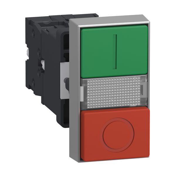 Illuminated double headed push button, Easy Harmony XA2, plastic, 22mm, 1 green flush I + 1 light + 1 red flush O, 24V AC DC, 1NO + 1NC image 1