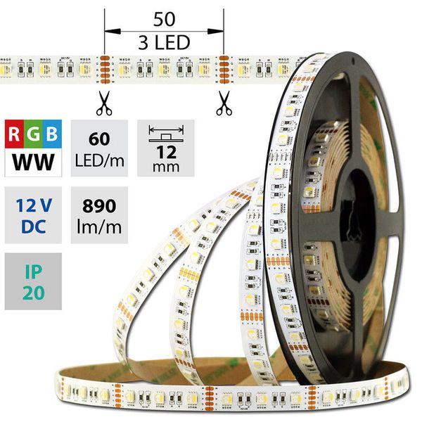 LED strip SMD5050 RGB + WW, 60LED/m, 19,2W/m, DC 12V, 890lm/m, IP20, 12mm, 50m image 1