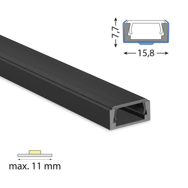 Attached aluminum profile black PG2 16x8mm black diffusion 2m image 1