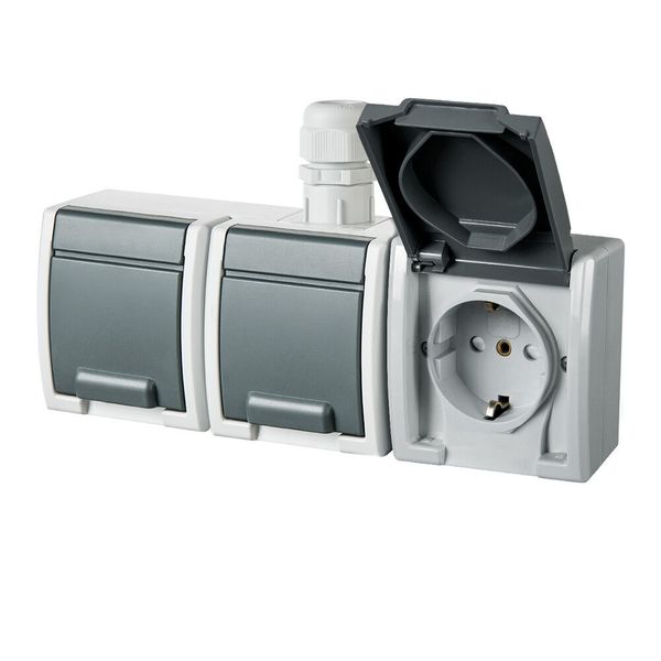 FAMATEL ATLAS SCHUKO socket 3-fold horizontal with M20 outlet on plaster 16A 230V IP65 gray image 2