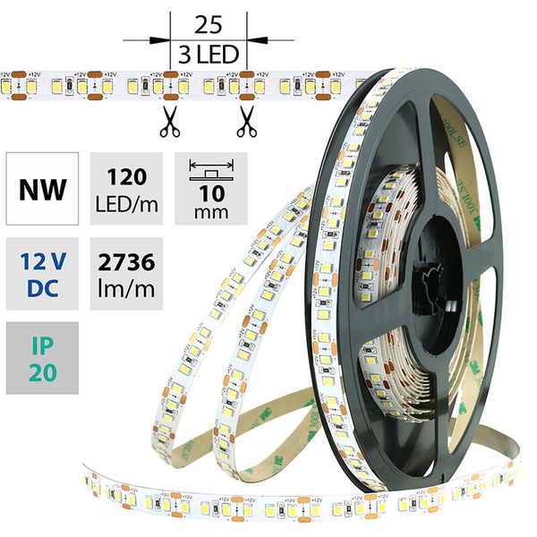 LED strip SMD2835 NW, 120LED/m, 28,8W/m, 2736lm/m, IP20, DC 12V, 10mm, 50m image 1