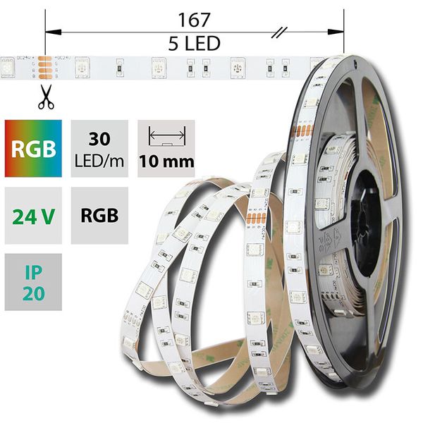 LED strip SMD5050 RGB, 30LED/m, 8,5W/m, DC24V, 280lm/m, IP20, 10mm, 5m image 1