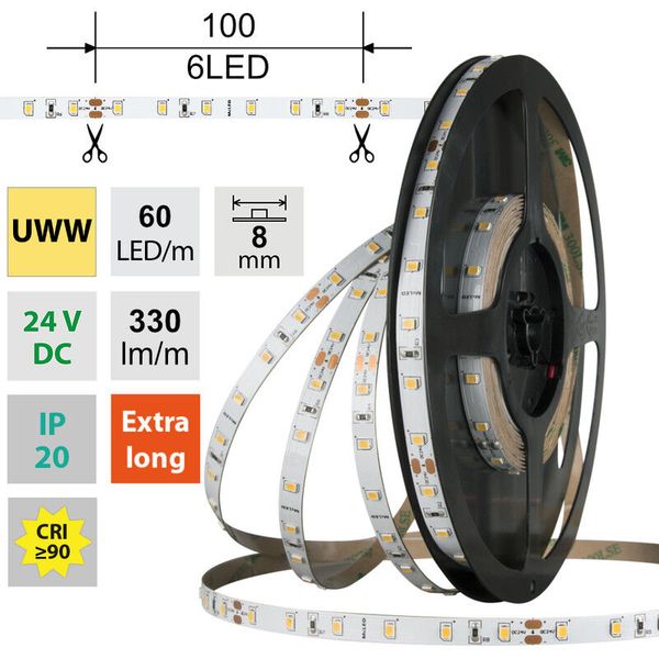 LED strip SMD2835 UWW, 60LED/m, 4,8W/m, DC 24V, 330lm/m, CRI90, IP20, 8mm, 50m image 1