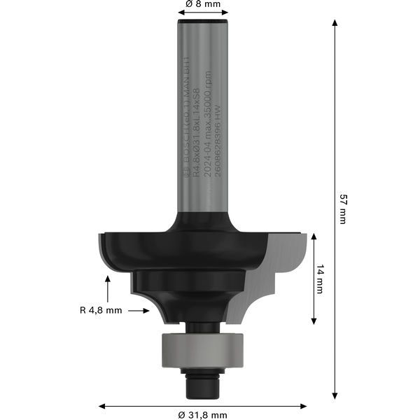 Edge forming bit C, 8 mm, R1 4.8 mm, B 9.5 mm, L 14 mm, G 57 mm image 2