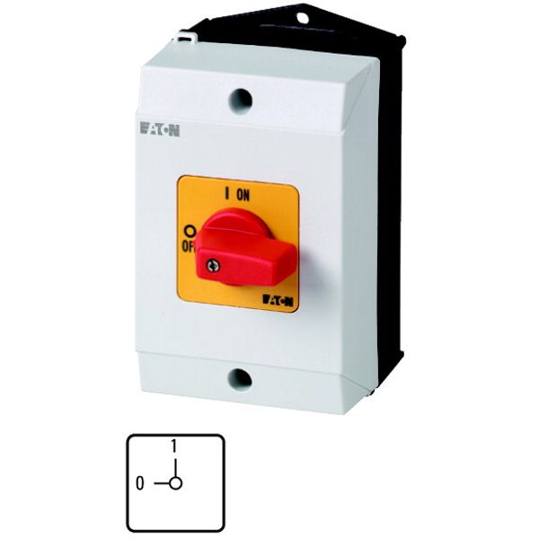 T0-2-8900/I1-RT On-Off switch, T0, 20 A, surface mounting, 2 contact unit(s), 3 pole + N, Emergency switching off function, with red thumb grip and yellow front plate image 1