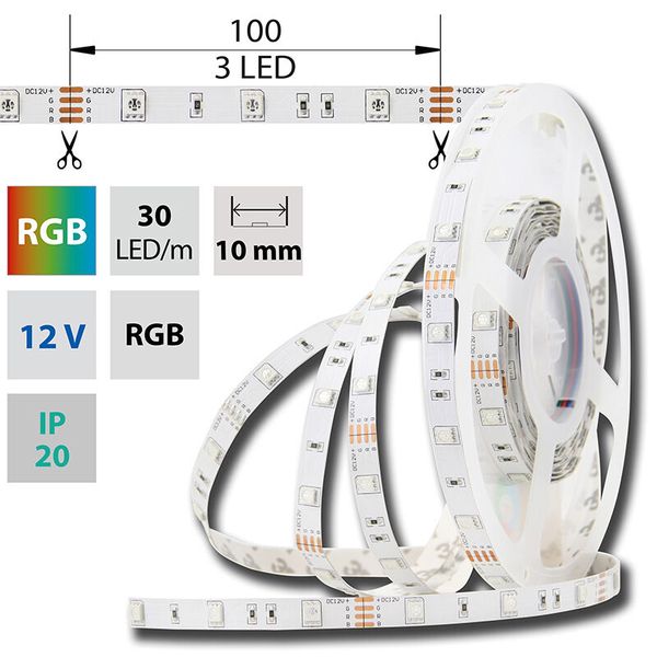 LED strip SMD5050 RGB, 30LED/m, 7,2W/m, DC12V, 280lm/m, IP20, 10mm, 5m image 1