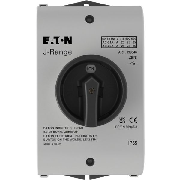J25/B Main switch, 25 A, surface mounting, 3 pole, Emergency switching off function, With red rotary handle and yellow locking ring, Lockable in the 0 (Off) image 1