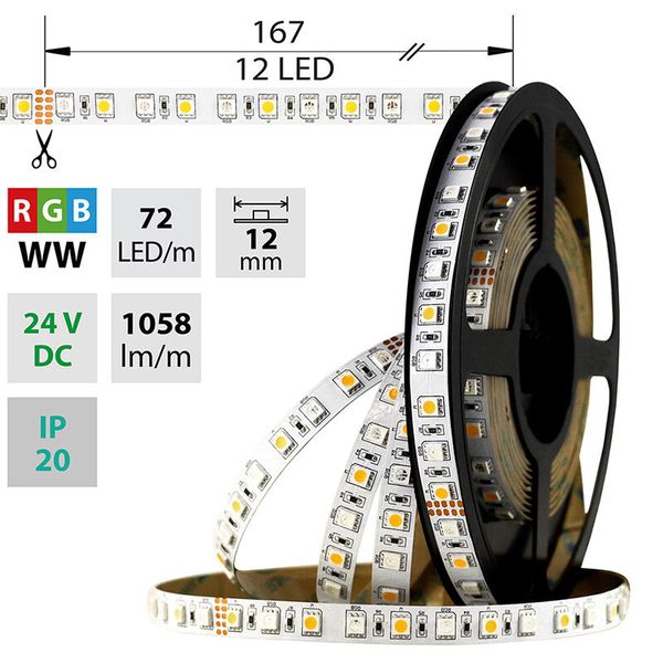 LED strip SMD5050 RGB+WW, 72LED/m, 17,2W/m, 1058lm/m, IP20, DC 24V, 12mm, 5m image 1