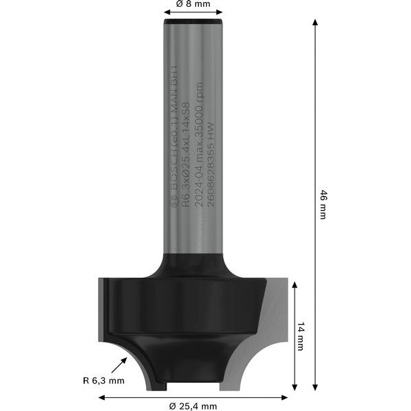 Edge forming Ovolo bit, 8 mm, R1 6.3 mm, D 25.4 mm, L 14 mm, G 46 mm image 2