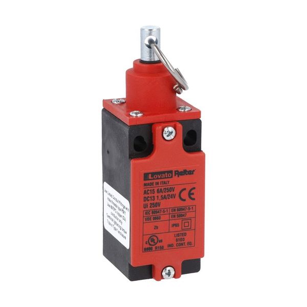 Rope-pull lever limit switch for normal stopping, rope lever for normal stopping (EN 50047), without RESET button. Contacts 1NO+1NC snap action. Steel ring image 1