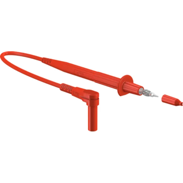 Measuring lead with (test probe, straight) to (4 mm plug, spring-loaded, angled), 1.5 m, red, PVC, 1.0 mm², CAT II, 66.9008-15022 image 1
