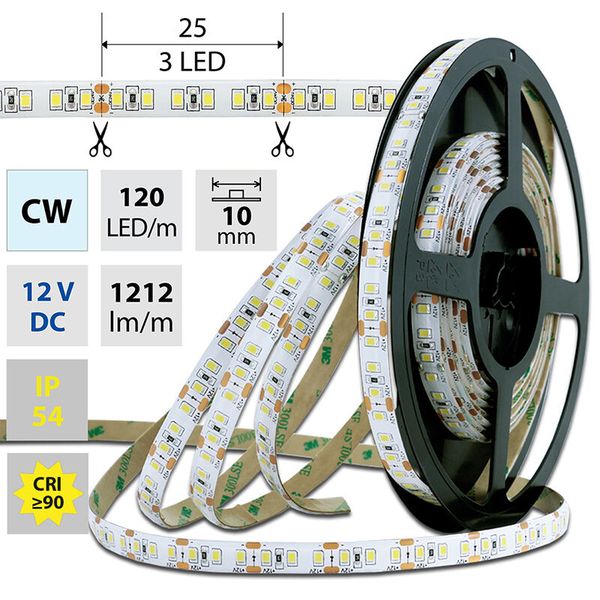 LED strip SMD2835 CW, 120LED/m, 14W/m, 1212lm/m, IP54, DC 12V, 10mm, 5m image 1