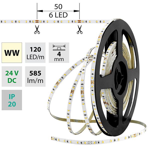 LED strip SMD2216 WW, 120LED/m, 7,2W/m, DC 24V, 585lm/m, CRI90, IP20, 4mm, 5m image 1