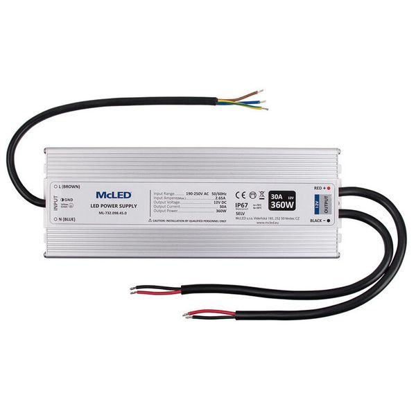 LED power supply 360W, DC12V/30A, IP67 image 1