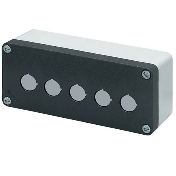Aluminium push-button enclosure M10 85x200x65, 5 holes Ø 22, with cable entry image 1