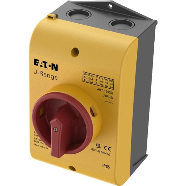 J40/R/N Main switch, 40 A, surface mounting, 3 pole + N, Emergency switching off function, With red rotary handle and yellow locking ring, Lockable in the 0 ( image 2