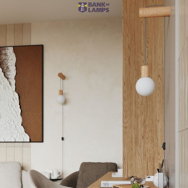 WALL LAMP WITH SWITCH ON CABLE GLASS LAMP SHADE WOODEN ELEMENTS ON G9 image 6