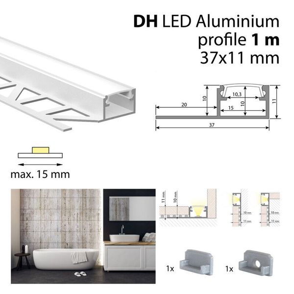 Aluminum profile for tiling and paving DH 1m Whitey diffus., 2x end cap image 1