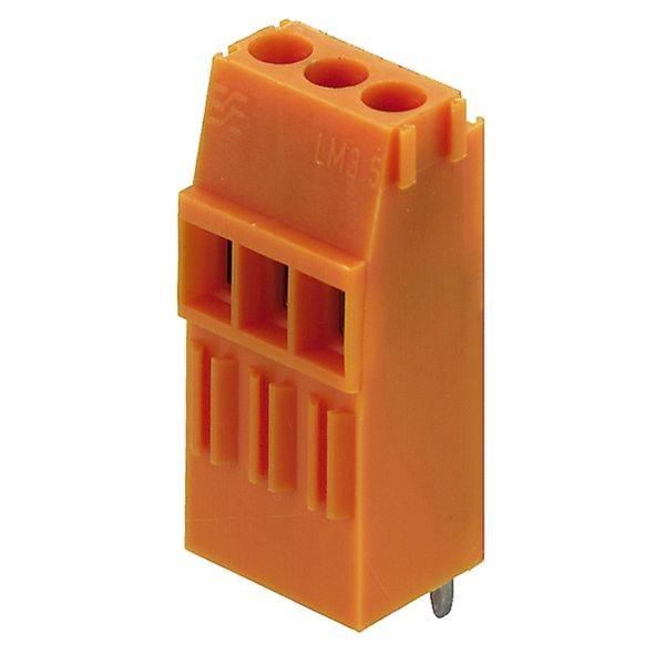 Printed circuit board terminals, 3.50 mm, Number of poles: 3, 90°, Solder pin length (l): 3.2 mm, tinned, orange, Clamping yoke connection, Clamping range, max. : 2.08 mm², Box image 1