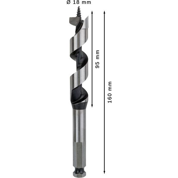 Wood auger bit, hexagon 18 x 95 x 160 mm, d 11,1 mm image 1