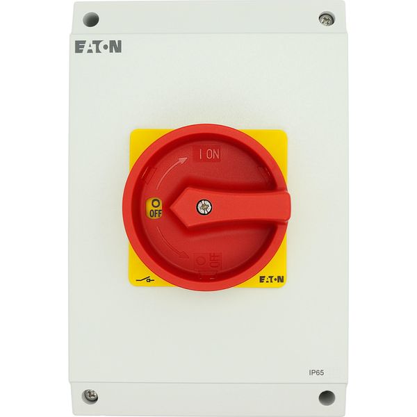 T5B-4-15682/I4/SVB Main switch, T5B, 63 A, surface mounting, 4 contact unit(s), 6 pole, 1 N/O, 1 N/C, Emergency switching off function, With red rotary handle and yellow image 27