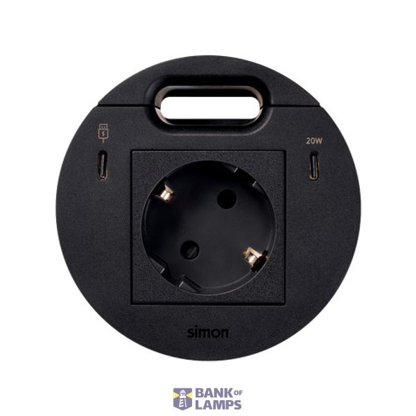 Furniture power socket (schuko grounding) with USB-C 20W charger, USB Type C DATA port and grommet (cable outlet)- 1x HDMI + LAN + 3x USB Type A docking station included, Simon 400 Flash 90, IP20, 16A, black, Mount. dimen.: Ø80mm image 1