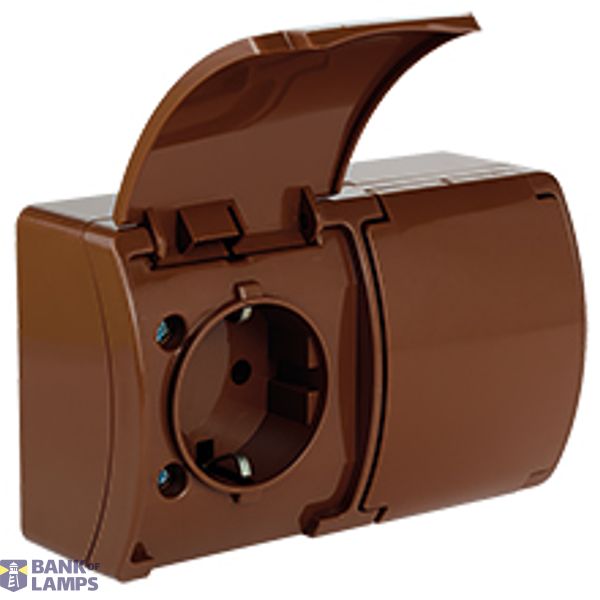 VG-2 Koala Double Socket 2x2P+Z SCHUKO surface mounted IP44 brown with brown flap VG 182-02 image 1
