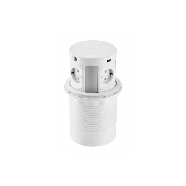 Furniture socket COMFORT PLUS, Ø120 mm, 4xSHUKO, 2xUSB-A 3.1A, 2xRJ45, inductive charging device 5 W, cable 1.5 m, white image 1