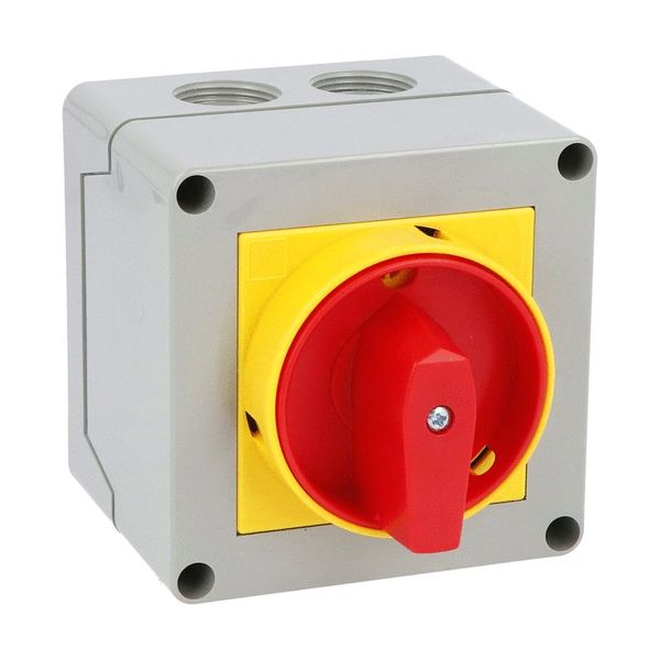 Enclosed rotary cam switch 7GN series, ON-OFF switch 4 poles 25A in plastic enclosure 90X90mm with red/yellow handle image 1