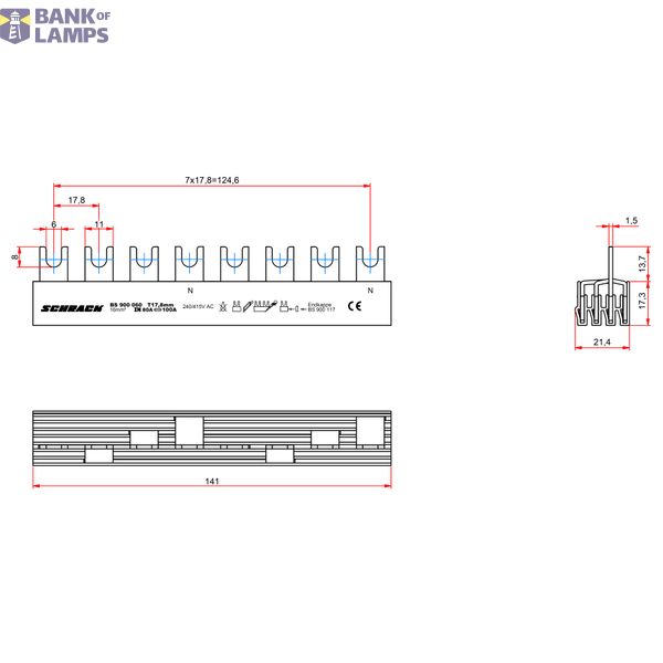 Busbar, 1xRCCB 4-pole, 4xSPD, 8MW (MW=18mm), 16mm2 image 9