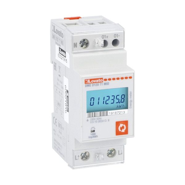 Energy meter, single-phase, MID certified, non expandable, 63A direct connection, 2U, 1 programmable static output, multi-measurements, 230VAC image 1