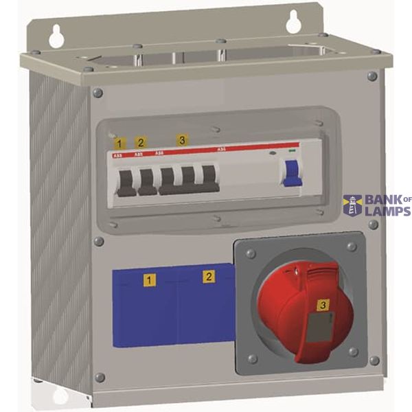 Modular Combi Metal (Enclosure of aluminium with fronts of galvanised steel), One 16A (346-415V) outlet (3P+N+E) and two schuko outlets (2P+E) 10/16A (250 V). MCB S201 C10  and S203 C16, RCDF204 A-25/0,03. image 1