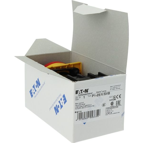 P1-25/V/SVB Main switch, P1, 25 A, rear mounting, 3 pole, Emergency switching off function, With red rotary handle and yellow locking ring, Lockable in the 0 (Off image 7