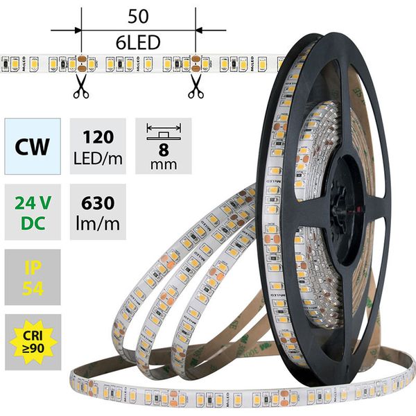 LED strip SMD2835 CW, 120LED/m, 9,6W/m, DC 24V, 630lm/m, CRI90, IP54, 8mm, 5m image 1