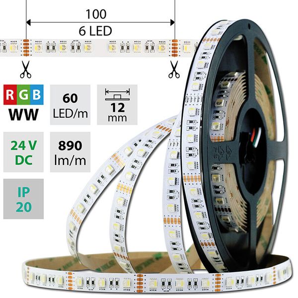 LED strip SMD5050 RGB + WW, 60LED/m, 19,2W/m, 890lm/m, IP20, DC 24V, 12mm, 5m image 1