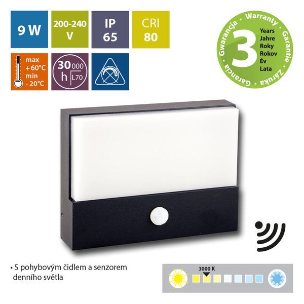 Kerberos LED lamp with motion sensor, 9W, 3000K, IP65, black color image 1