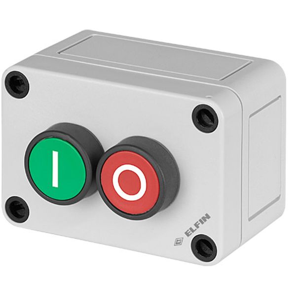 Polystyrene push-button enclosure 65x94x57 with 2 guarded push-buttons, green & red  I-O image 1