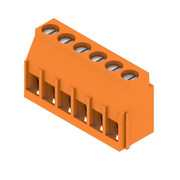 Printed circuit board terminals, 5.08 mm, Number of poles: 6, 90°, Solder pin length (l): 3.2 mm, tinned, orange, Clamping yoke connection, Clamping range, max. : 6 mm², Box image 1