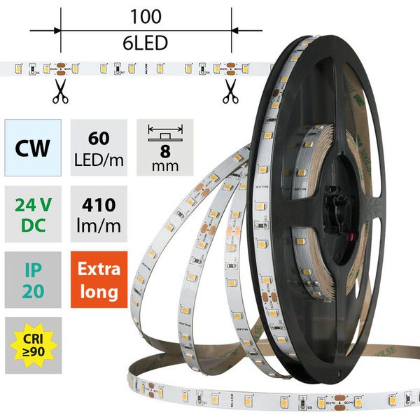 LED strip SMD2835 CW, 60LED/m, 4,8W/m, DC 24V, 410lm/m, CRI90, IP20, 8mm, 5m image 1