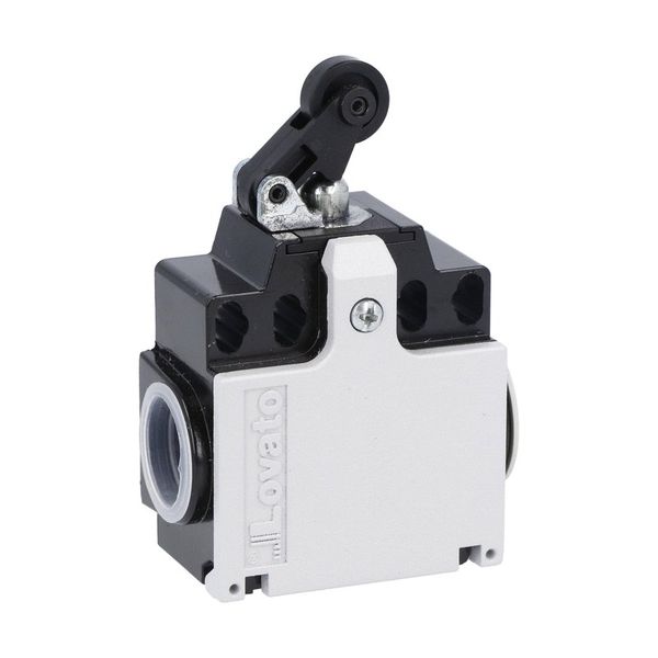 Limit switch, K series, roller centre push lever, 2 side cable entry. Dimensions compatible to EN 50047, metal body, contacts 1NO+1NC slow action. Plastic roller image 1