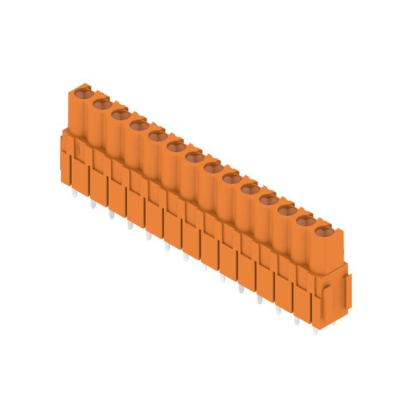 PCB plug-in connector, female header, Dovetails for fixing blocks, THT solder connection, 5.08 mm, Number of poles: 14, 180°, Solder pin length (l): 3.2 mm, tinned, orange, Box image 4